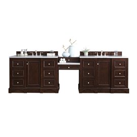 De Soto 118" Double Vanity Set, Burnished Mahogany w/ 3 CM Arctic Fall Solid Surface Top