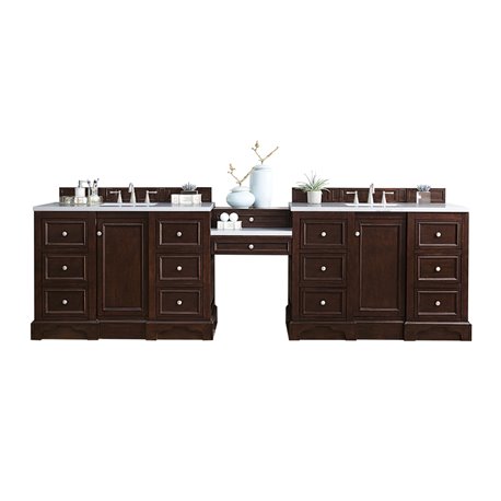 De Soto 118" Double Vanity Set, Burnished Mahogany w/ 3 CM Arctic Fall Solid Surface Top