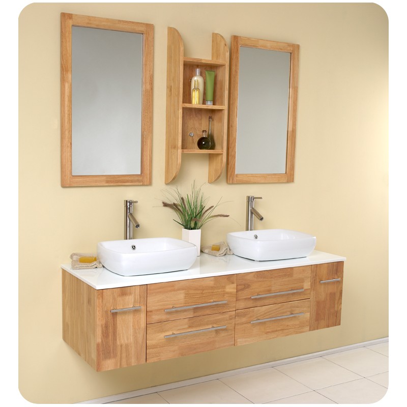 Fresca Bellezza Natural Wood Modern Double Vessel Sink Bathroom Vanity ...