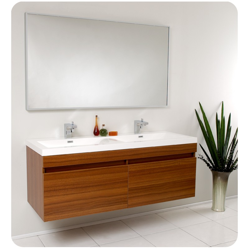Fresca Largo 57" Teak Modern Bathroom Vanity w/ Wavy Double Sinks