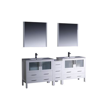 Fresca Torino 84" White Modern Double Sink Bathroom Vanity w/ Side Cabinet & Integrated Sinks