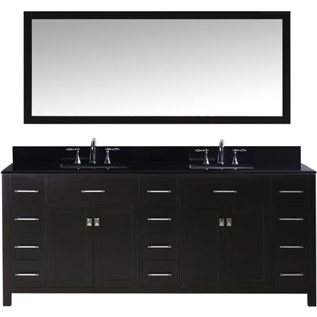 Caroline Parkway 78" Double Bathroom Vanity in Espresso with Black Galaxy Granite Top and Square Sink with Mirror