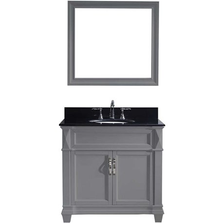 Victoria 36" Single Bathroom Vanity in Grey with Black Galaxy Granite Top and Round Sink with Mirror