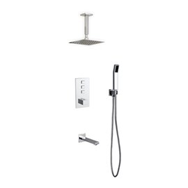 Piazza Thermostatic Shower Set w/ 8″ Ceiling Mount Square Rain Shower, Handheld and Tub Filler