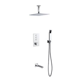 Piazza Thermostatic Shower Set w/ 12″ Ceiling Mount Square Rain Shower, Handheld and Tub Filler 