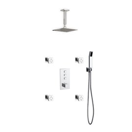 Piazza Thermostatic Shower Set w/ 8″ Ceiling Mount Square Rain Shower, Handheld and 4 Body Jets 