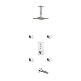 Piazza Thermostatic Shower Set w/ 8″ Ceiling Mount Square Rain Shower, Tub Filler and 4 Body Jets 