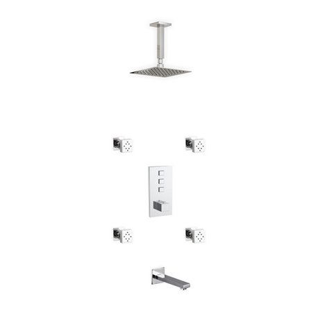 Piazza Thermostatic Shower Set w/ 8″ Ceiling Mount Square Rain Shower, Tub Filler and 4 Body Jets 