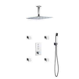 Piazza Thermostatic Shower Set w/ 12″ Ceiling Mount Square Rain Shower, 4 Body Jets and Handheld