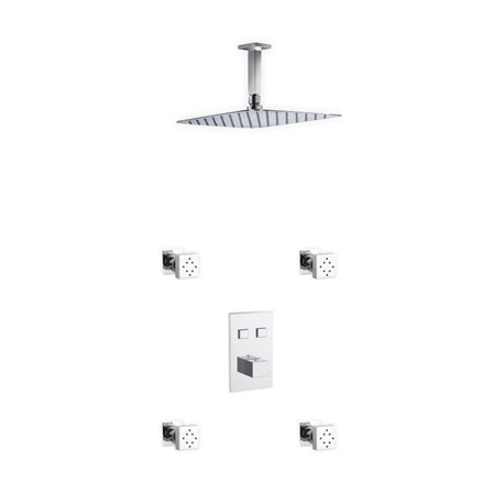 Piazza Thermostatic Brass Shower Set w/ 12″ Ceiling Mount Square Rain Shower and 4 Body Jets