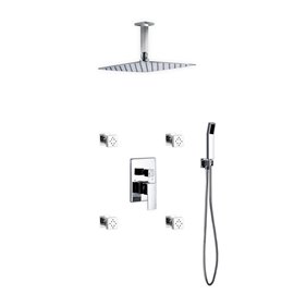 Aqua Piazza Brass Shower Set with 12" Ceiling Mount Square Rain Shower, 4 Body Jets and Handheld